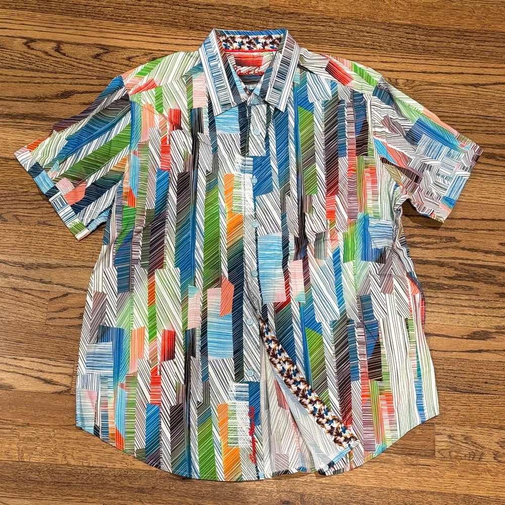 Robert Graham Multicolor Striped Geometric Short-Sleeve Shirt  XL